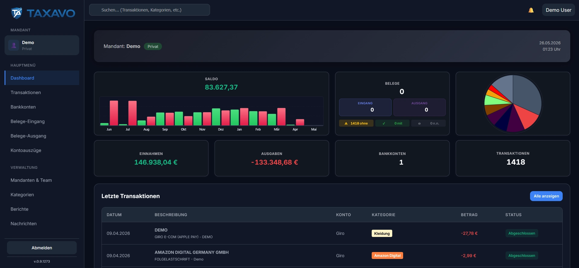 TAXAVO Dashboard – Finanzielle Kontrolle mit Belegen, Transaktionen und Auswertungen